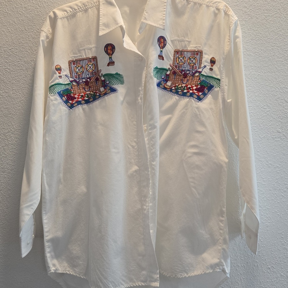 Vintage 90's Casey Coleman White Embroidered Button Long-Sleeve Picnic Xl 100 %